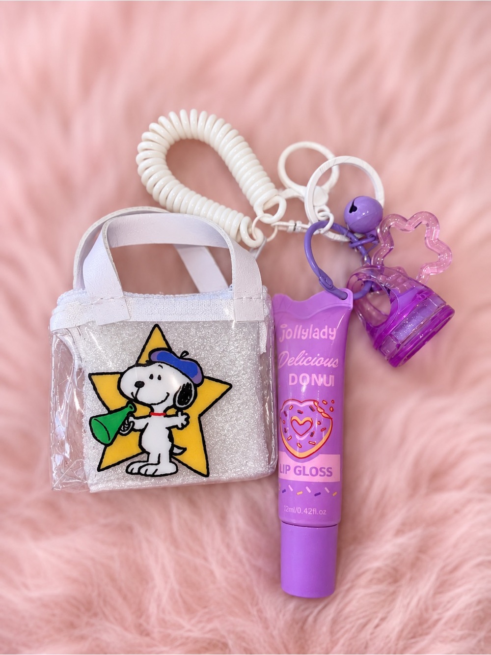 JollyLady Delicious Donut Lip Gloss, Charms and Coin purse Keychain in Purple